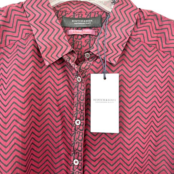 NWT Scotch & Soda Long Sleeve Button Up Semi Sheer Shirt Burgundy Black Small - Picture 2 of 12
